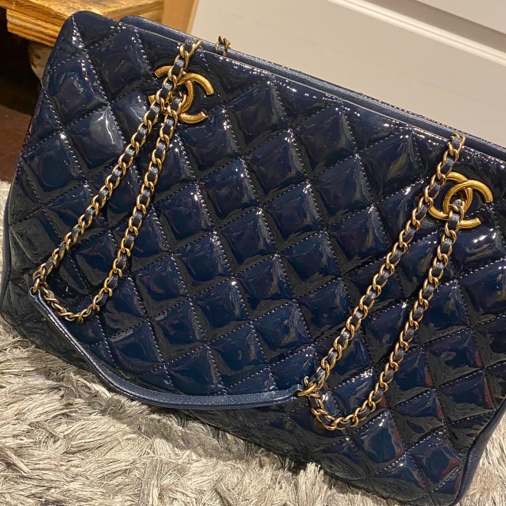 Channel Patent Blue Shopper Tote